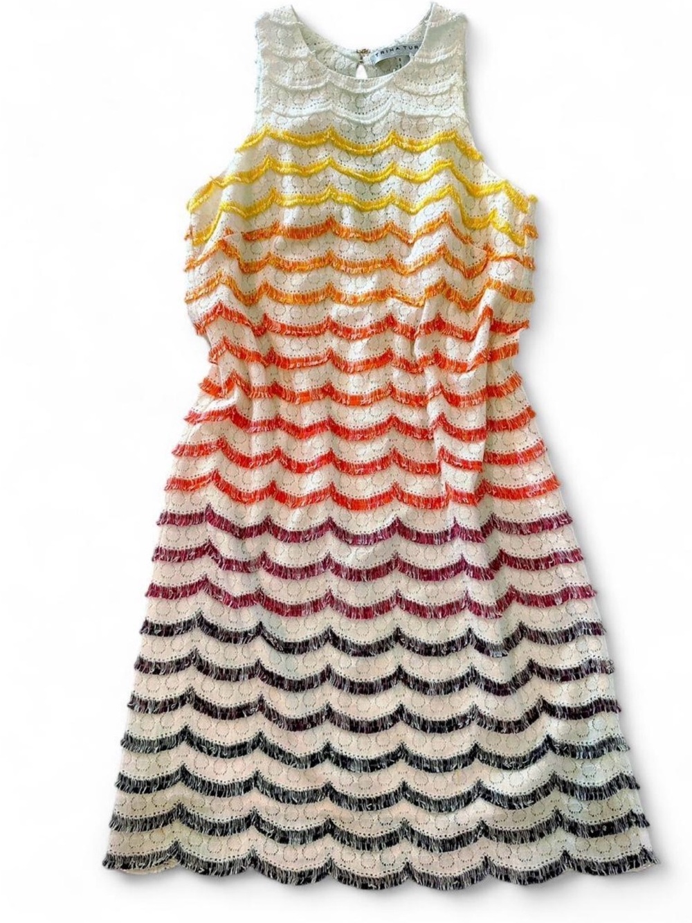Trina Turk Girls White Lace Dress with Rainbow Scallop Stripes